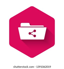 White Share folder icon isolated with long shadow. Folder sharing. Folder transfer sign. Pink hexagon button. Vector Illustration