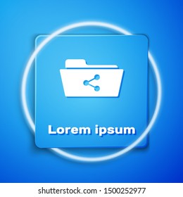 White Share folder icon isolated on blue background. Folder sharing. Folder transfer sign. Blue square button. Vector Illustration
