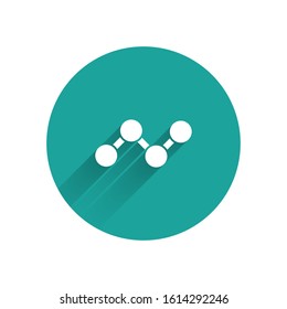 White Share icon isolated with long shadow. Sharing, communication pictogram, social media, connection, network, distribute. Green circle button. Vector Illustration