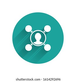 White Share icon isolated with long shadow. Sharing, communication pictogram, social media, connection, network, distribute. Green circle button. Vector Illustration