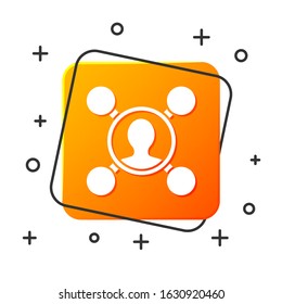 White Share icon isolated on white background. Sharing, communication pictogram, social media, connection, network, distribute. Orange square button. Vector Illustration