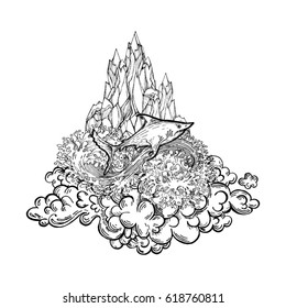 White shark in the background of a desert mountain island in a cloud. A poster or a postcard, t-shirt printing, covers. Tattoo. Landscape. Nature. Magic vector illustration. Unique tattoo, coloring