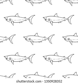 White shark character abstract hand drawn vector seamless pattern. Simplified retro illustration. Ocean. Sea animal curve paint sign. Doodle line sketch. Element design, wallpaper, fabric print.