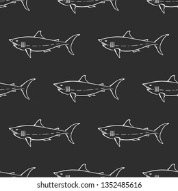 White shark character abstract hand drawn vector seamless pattern. Simplified retro illustration. Ocean blue. Sea animal curve paint sign. Doodle line sketch. Element design, wallpaper, fabric print.