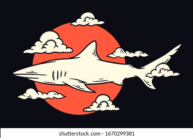 White shark with clouds illustration