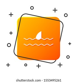 White Shark fin in ocean wave icon isolated on white background. Orange square button. Vector Illustration
