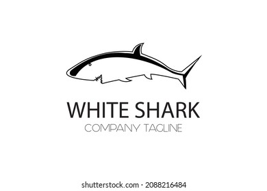 White Shark with fin and sharp teeth silhouette for vintage retro rustic diving and water adventure logo design vector