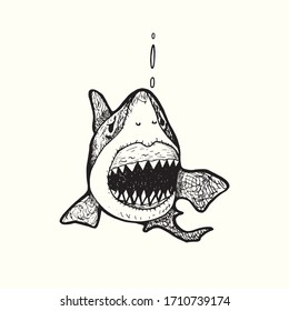White shark front view with open mouth, sharp jaws, hand drawn doodle gravure vintage style, sketch, outline vector illustration