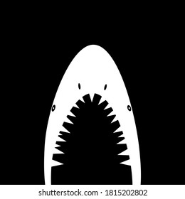 A White Shark With Open Mouth Full Of Sharp Teeth, Created In Flat On A Black Background; Can Be Used As A Logo, T-shirt Print, Sticker