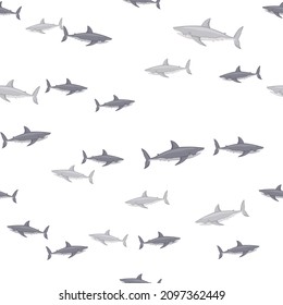 White shark seamless pattern in scandinavian style. Marine animals background. Vector illustration for children funny textile prints, fabric, banners, backdrops and wallpapers.