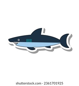 White shark with sharp dorsal fin flat paper sticker. Predatory dangerous fish, inhabitant of sea depths and oceans isolated on white background. Nature, aquarium, animals and fish concept