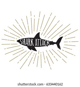 White shark silhouette. Retro vintage vector illustration with shark attack lettering. Shark sign with star burst. 