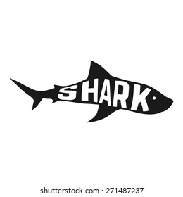 White shark silhouette with text inside. Logo concept. Vector illustration