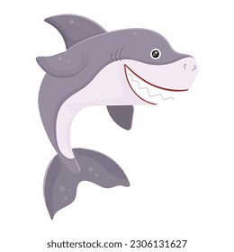 White shark with smile. Big comic predator. Aquatic creature icon isolated on white background. Sea animal in cartoon style. Funny tropic underwater wild life, exotic aquarium. Vector illustration