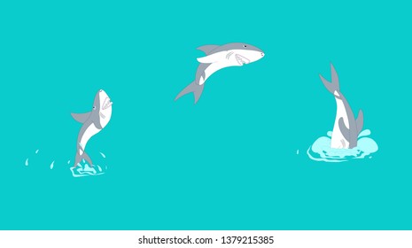 White Shark Swimming Motion Sequence Cartoon Vector Illustration 