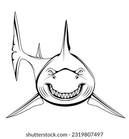 Tiburón blanco. Ilustración vectorial de un bosquejo de peces predadores más grandes. Sonrisa y dientes aterradores enojados.