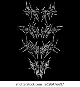White sharp-edged neo tribal tattoo vector set on black background with intricate modern lines and symmetrical patterns for digital or print use.	