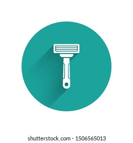 White Shaving razor icon isolated with long shadow. Green circle button. Vector Illustration