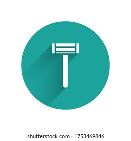 White Shaving razor icon isolated with long shadow. Green circle button. Vector Illustration
