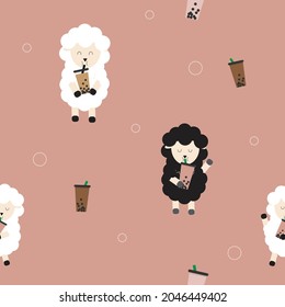 white sheep and black sheep are drinking Boba tea fabric seamless cute pattern
