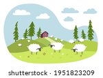 White sheep with black muzzles graze in a meadow. Red farm in the background. Vector flat illustration.