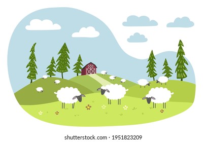 White sheep with black muzzles graze in a meadow. Red farm in the background. Vector flat illustration.