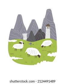 White sheep with black muzzles graze in a meadow. Vector landscape with fields and mountains. Vector illustration.