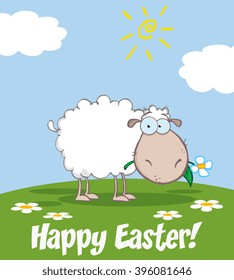 White Sheep Cartoon Character Eating A Flower. Vector Illustration Greeting Card