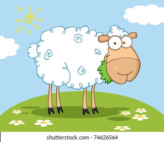 White Sheep Cartoon Character Eating A Grass On A Hill