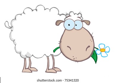 White Sheep Cartoon Character Eating A Flower