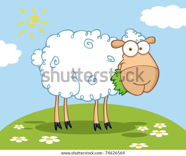 White Sheep Cartoon Character Eating Grass Stock Vector (Royalty Free ...