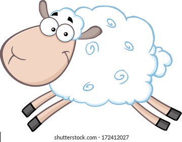 White Sheep Cartoon Mascot Character Jumping. Vector Illustration Isolated on white