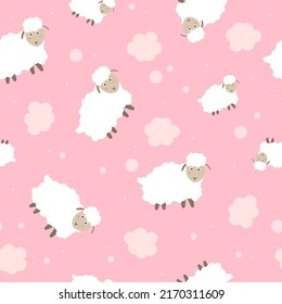 White sheep with clouds on a pink background, seamless illustration of a gentle pattern.