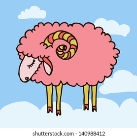  white sheep and clouds on the sky. vector illustration