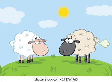 White Sheep And Farting Black Head Sheep On A Meadow. Vector Illustration