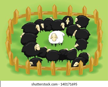 White sheep in the flock of black sheep. In this day nice, kind, unselfish, and pure people are in the black sheep's society, and they are hard to survive. Fence is social, black and white is people. 