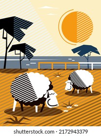 Las ovejas blancas pastan a orillas del mar. Ilustración vectorial.