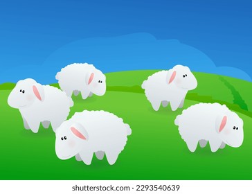 White sheep grazing in a green field under a blue sky (cartoon)