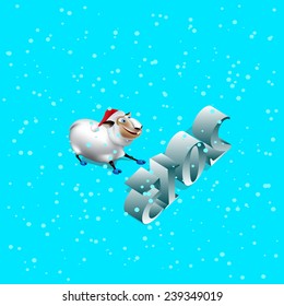 White sheep in the hat of Santa Claus and snowflakes under the numbers: two, zero, one, five. Vector illustration