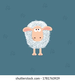 White Sheep isolated on blue color background. Line art vector illustration.