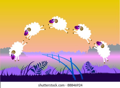 White sheep jump over fence on meadow at sunset