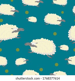 white sheep jumping with green peas