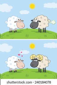 White Sheep In Love With Ram Sheep On A Meadow. Vector Collection Set