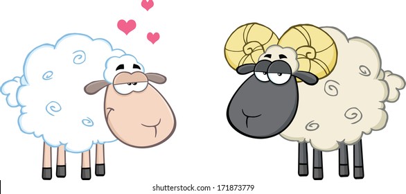 White Sheep In Love With Ram Sheep. Vector Illustration Isolated on white