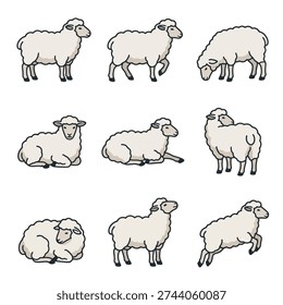 White Sheep Poses Flat Vector Illustration Set
