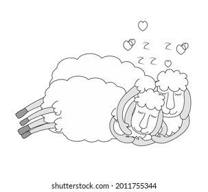 White sheep sleep sweetly in their arms. The concept of sweet dreams, relaxation, night rest, healthy sleep. Vector illustration in cartoon cheerful style on blue.