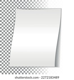 White sheet of A4 paper with a shadow on a transparent background. Rolled sheet of paper. Layout, template, Mockup for your design and advertising