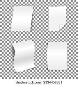 Hoja blanca de papel A4 con sombra sobre fondo transparente. Hoja rodada de papel. Diseño, plantilla, Trampa para su diseño y publicidad. Establecer 4 en 1