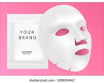 White sheet facial cosmetic mask isolated on background. 3d realistic Realistic vector illustration. Mockup for packaging design. Cosmetics beauty product for face treatment, anti-aging.