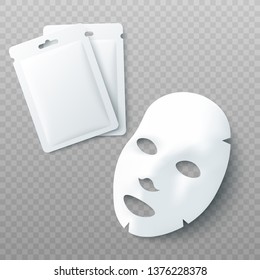 White sheet facial cosmetic mask and blank packages for face treatment product 3d realistic vector mockup illustration isolated on transparent background.